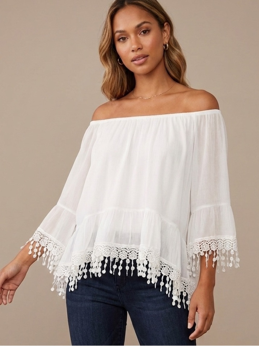 Tempo Paris White Cotton Off The Shoulder Blouse Lace FringeBoho Made In Italy M